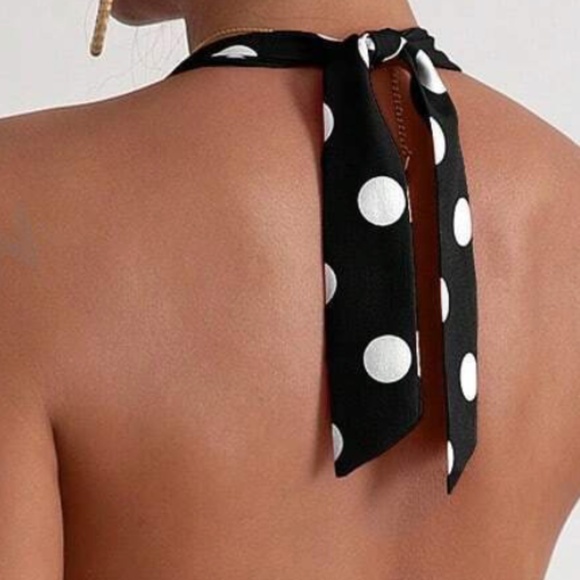 Polka Dot Shirred Stretchy Back Halter Mini Dress - Picture 3 of 7